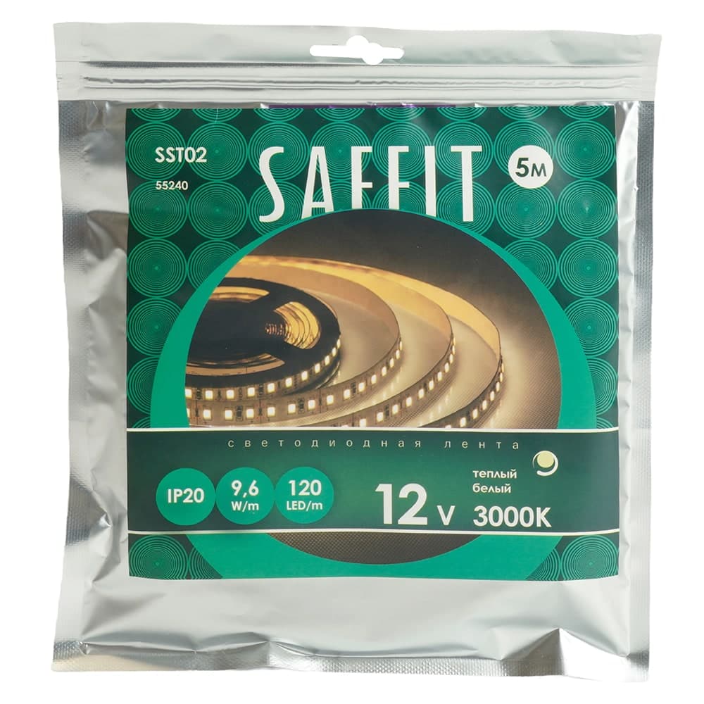 Лента светодиодная  SST02 SAFFIT 120SMD(2835)/м 9.6Вт/м 12V 5000*8*1.22мм 3000К, IP20