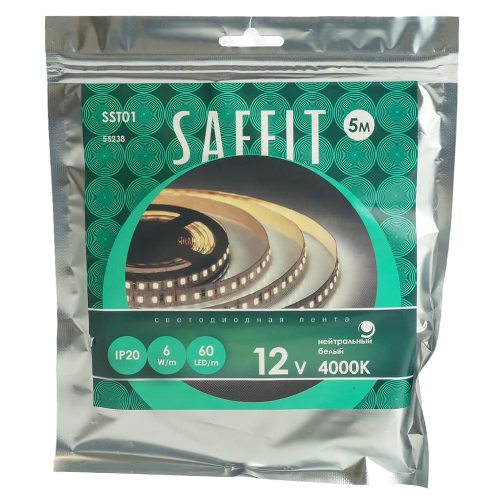 Лента светодиодная SST01 SAFFIT 60SMD(2835)/m 6Вт/м 12V 5000*8*1.22мм 4000K, IP20