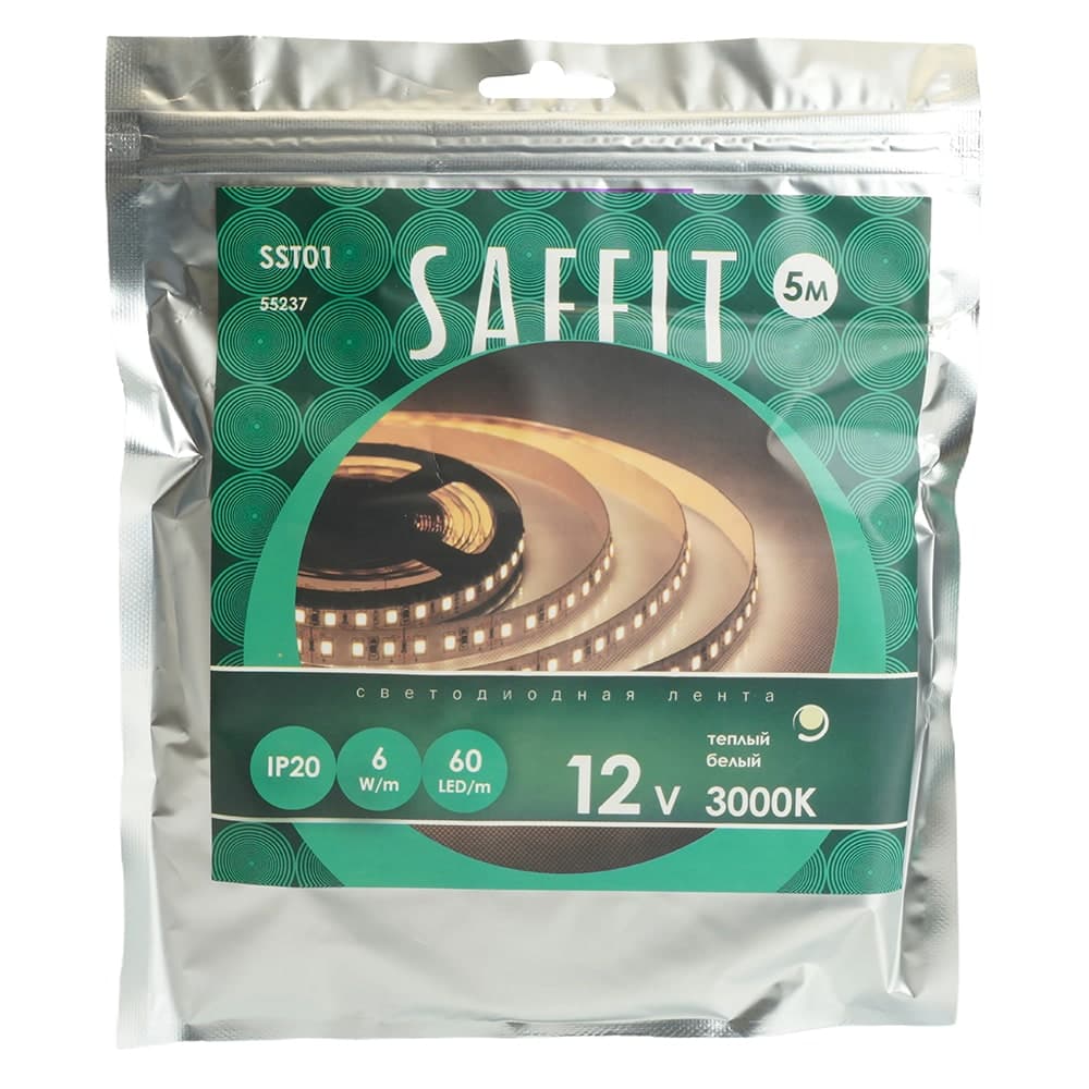 Лента светодиодная SST01 SAFFIT 60SMD(2835)/m 6Вт/м 12V 5000*8*1.22мм 3000K, IP20
