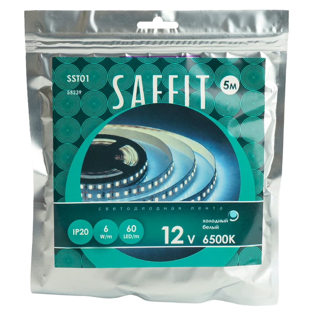 Лента светодиодная SST01 SAFFIT 60SMD(2835)/m 6Вт/м 12V 5000*8*1.22мм 6500K, IP20