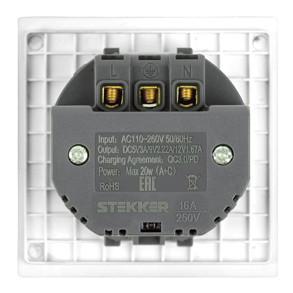 Розетка 1-местная з/ш с/з 16А + USB + Type C (механизм), STEKKER, 250В, 20W, серия Мия, RST16-3119-01, белая магнолия