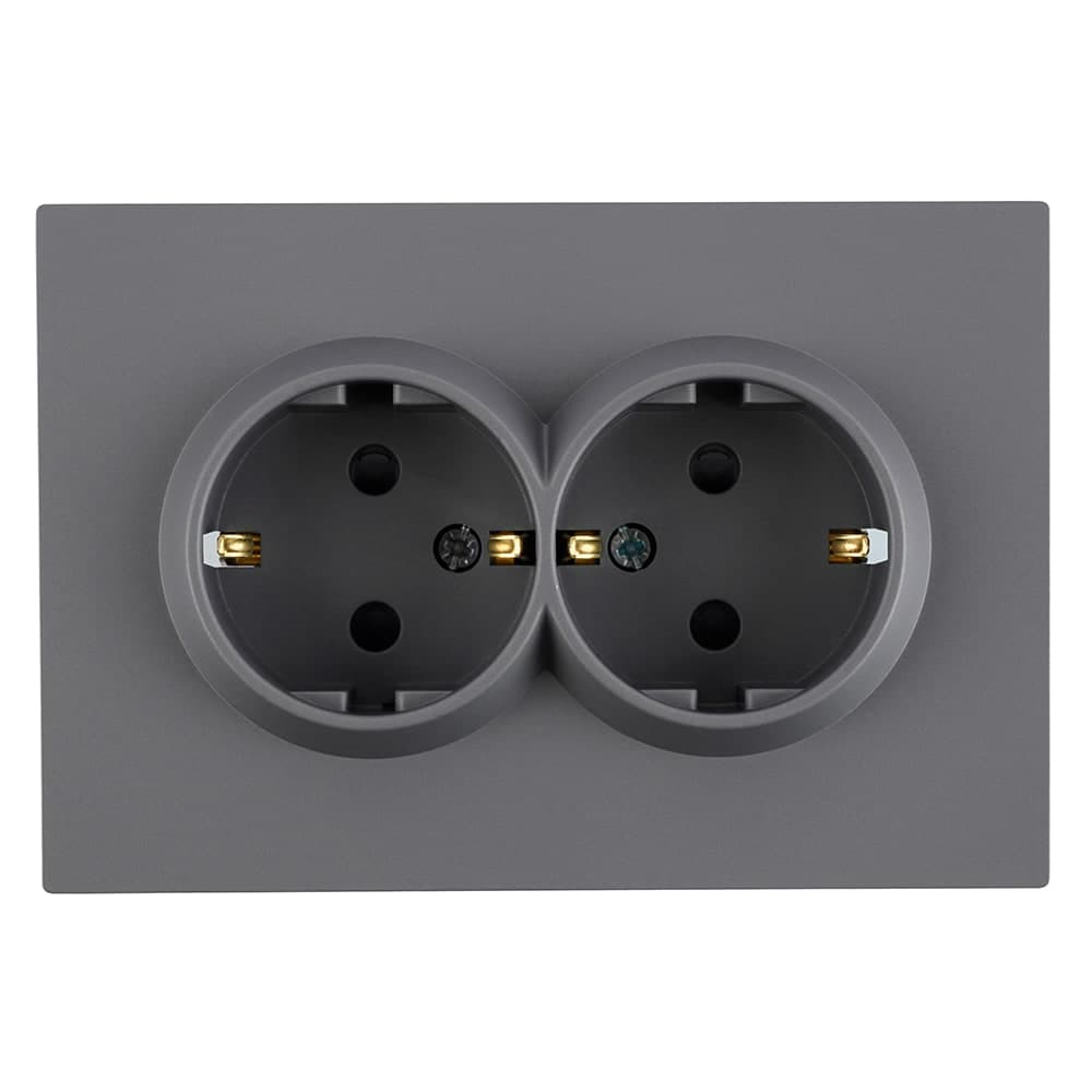 Розетка 2-местная с з/ш, с/з, СЗК, STEKKER, 250В, 16А, серия Эмили, RST16-5114-10ZK, платиново-серый, soft touch