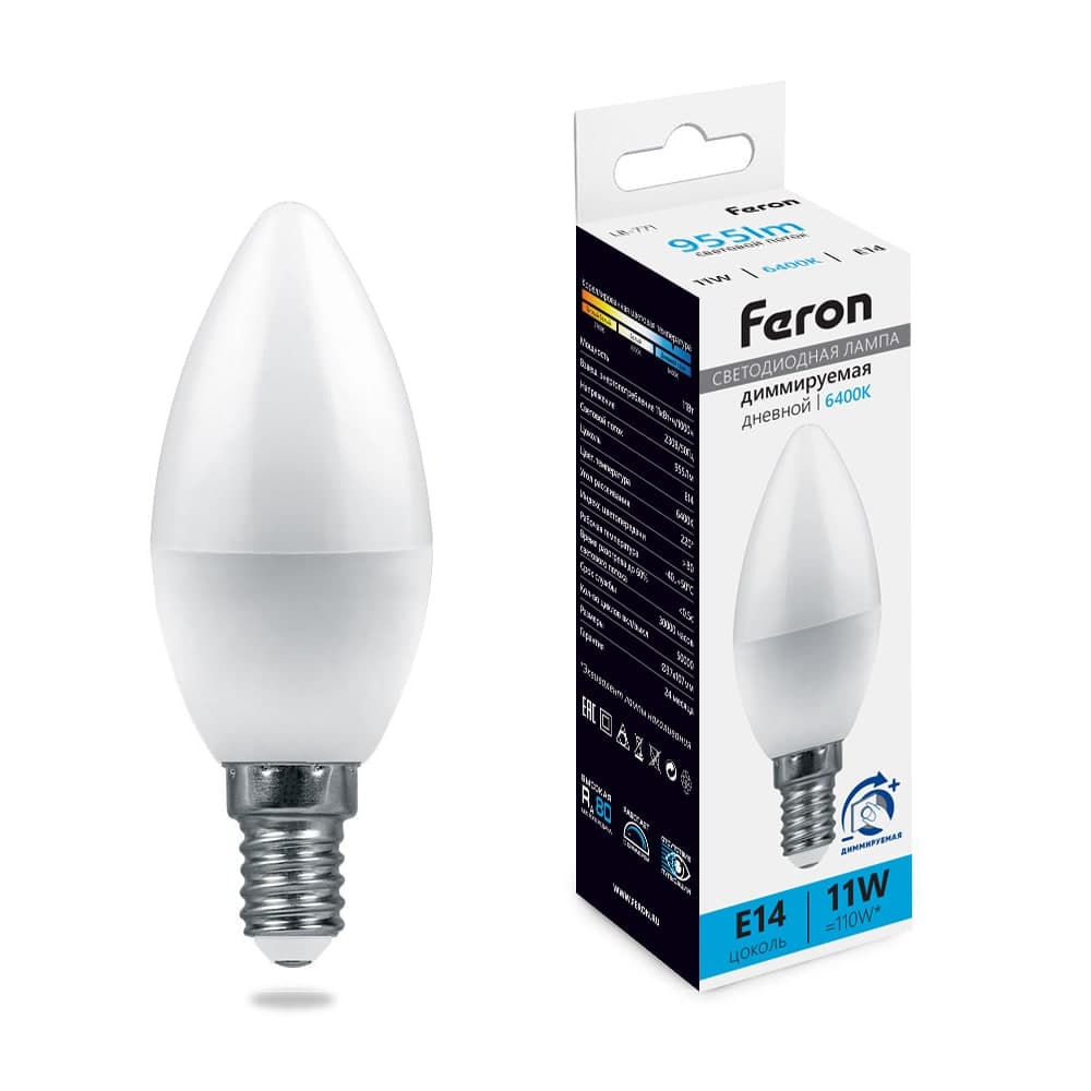 Лампа светодиодная диммируемая Feron LB-771 Свеча E14 11W 230V 6400K