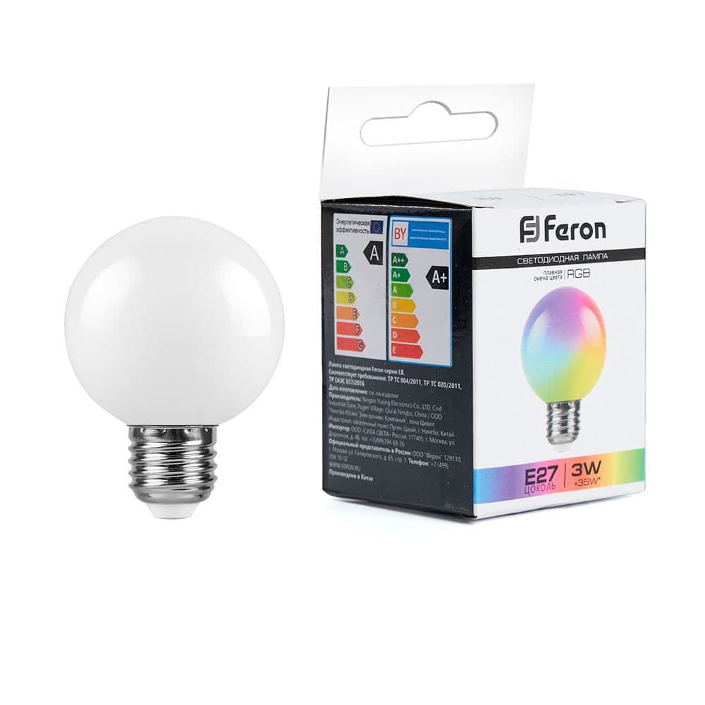 Лампа светодиодная Feron LB-371 Шар матовый E27 3W 230V RGB плавная смена цвета