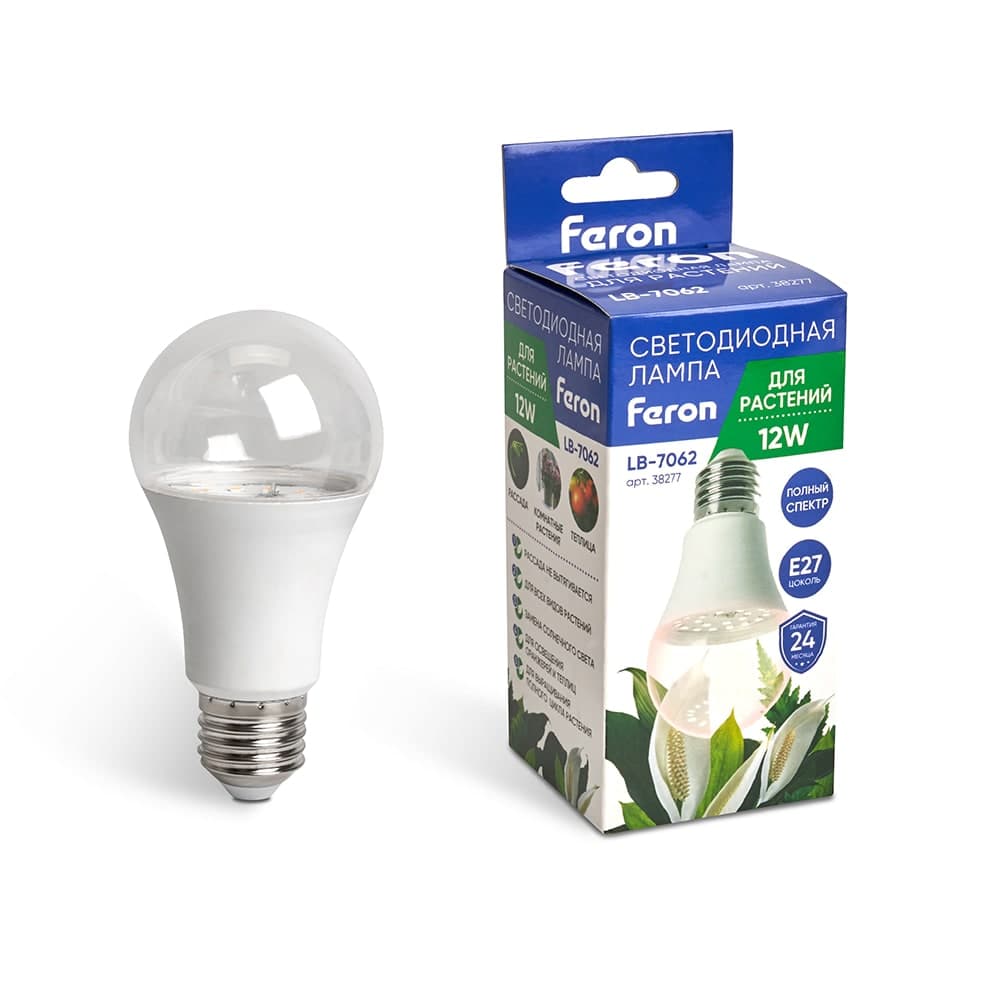 Лампа светодиодная для растений А60 Feron LB-7062 E27 12W 175-265V полный спектр